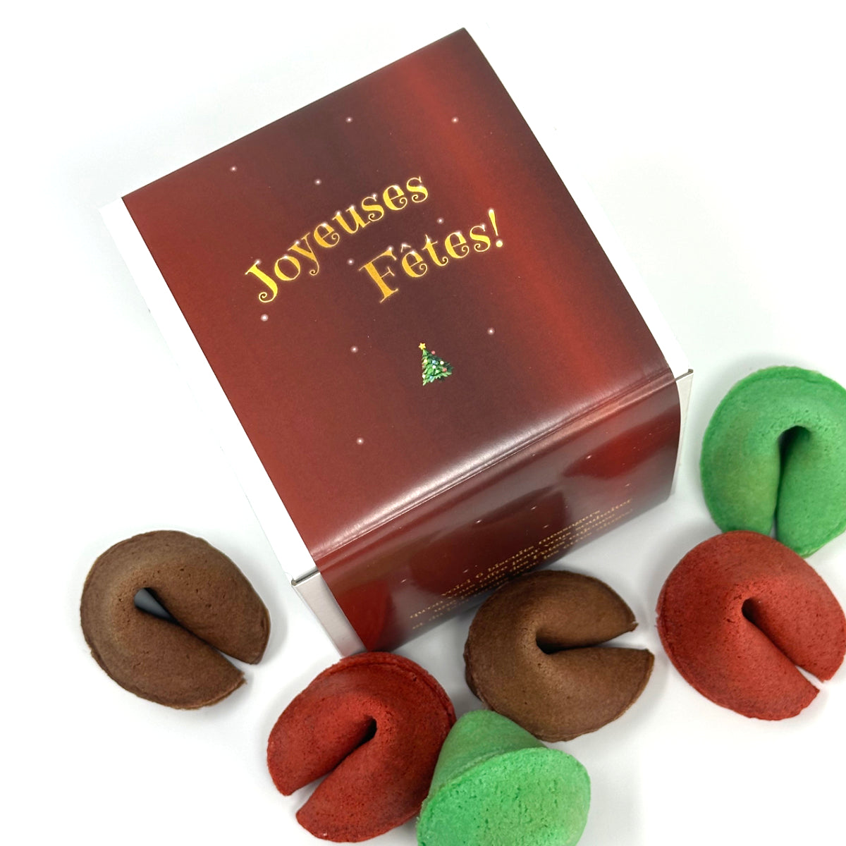 Boîte biscuits messagers Noël pour tous et 6 biscuits de fortune, vue du dessus