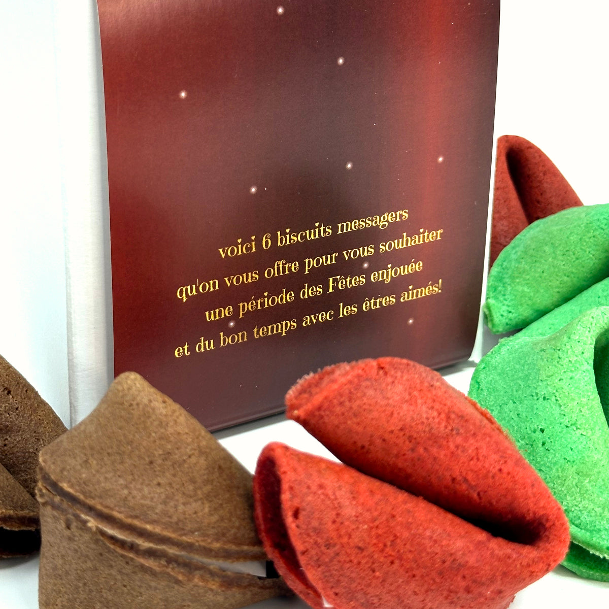 Boîte biscuits messagers Noël pour tous et 6 biscuits de fortune, vue du devant
