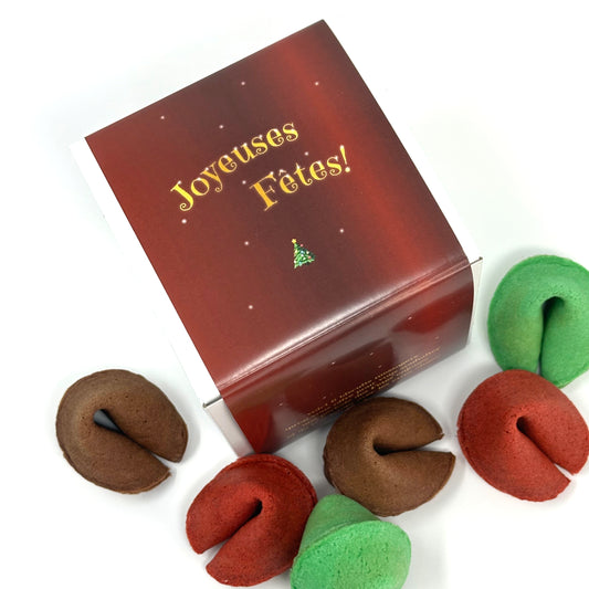 Boîte biscuits messagers Noël pour tous et 6 biscuits de fortune, vue du dessus